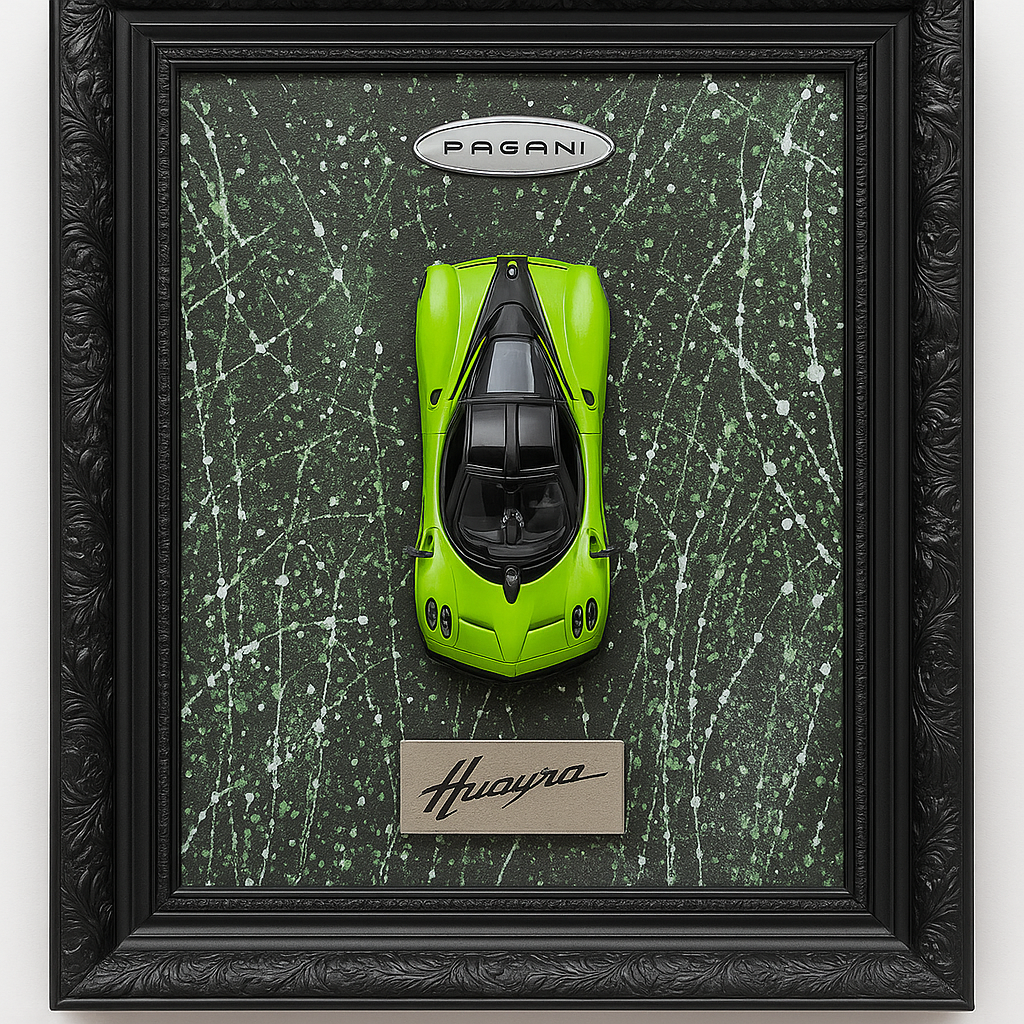 3D WANDBILD – HANDGEFERTIGTES KUNSTWERK MIT MODELLAUTO PAGANI HUAYRA ROADSTER (1:24) – GRÖSSE 50x60 CM