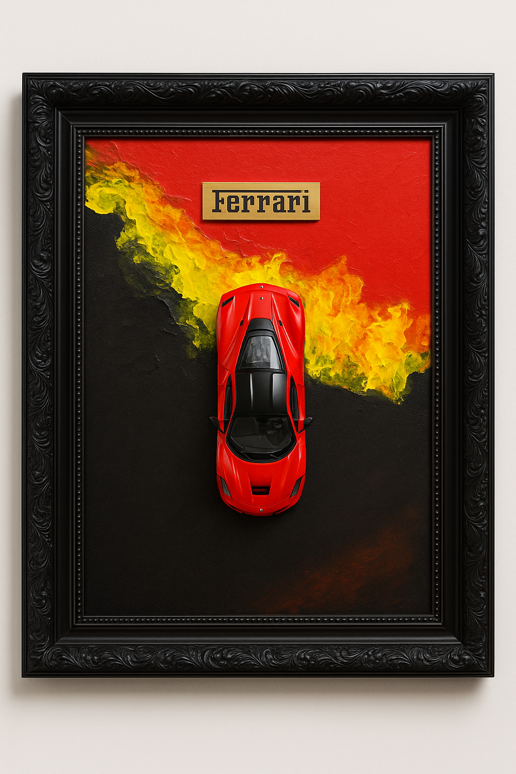 3D WANDBILD – HANDGEFERTIGTES KUNSTWERK MIT MODELLAUTO FERRARI (1:24) – GRÖSSE 50x60 CM