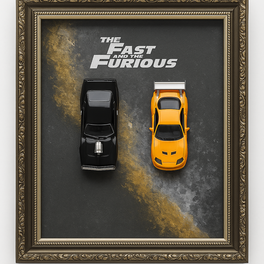 3D WANDBILD – FAST & FURIOUS EDITION MIT MODELLAUTOS (1:24) – GRÖSSE 60x70 CM – HANDGEFERTIGTES KUNSTWERK