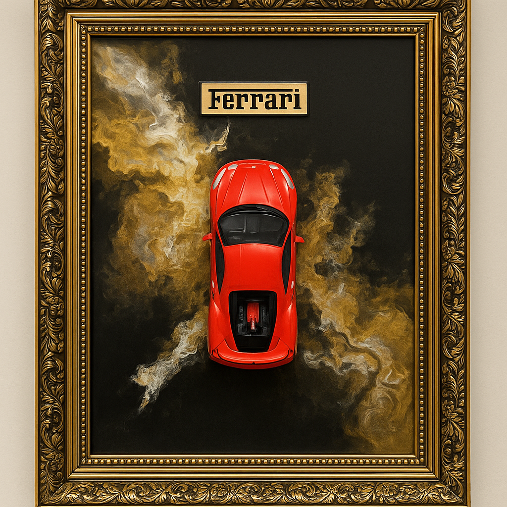 3D WANDBILD – HANDGEFERTIGTES KUNSTWERK MIT MODELLAUTO FERRARI (1:24) – GRÖSSE 50x60 CM