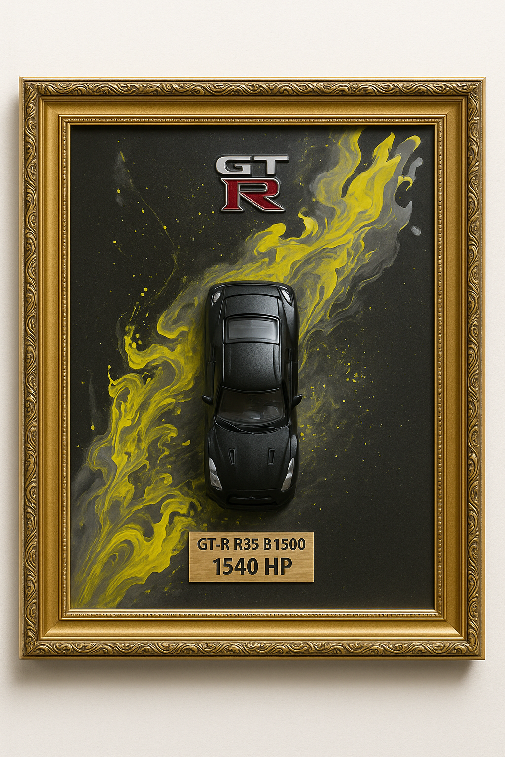 3D WANDBILD – GT-R R35 B1500 MIT MODELLAUTO (1:24) – 1540 PS – HANDGEFERTIGTES KUNSTWERK 50x60 CM