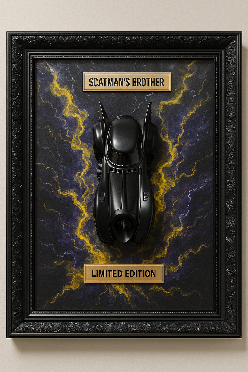 3D WANDBILD – BATMOBILE EDITION (1989) – HANDGEFERTIGTES KUNSTWERK MIT MODELLAUTO – GRÖSSE 60x80 CM