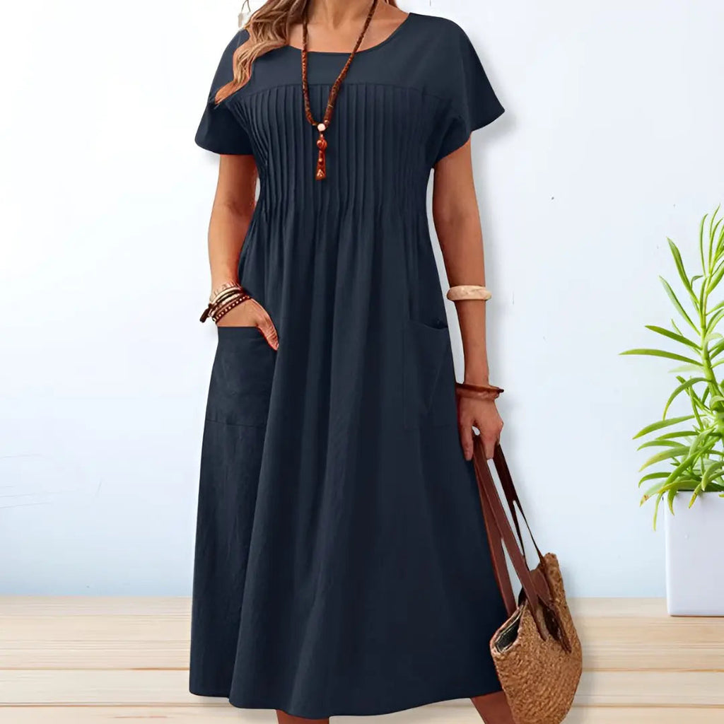 Damen Baumwollkleid Blau Plissee – Relaxed Fit Freizeitkleid, Produktansicht | Lavinise