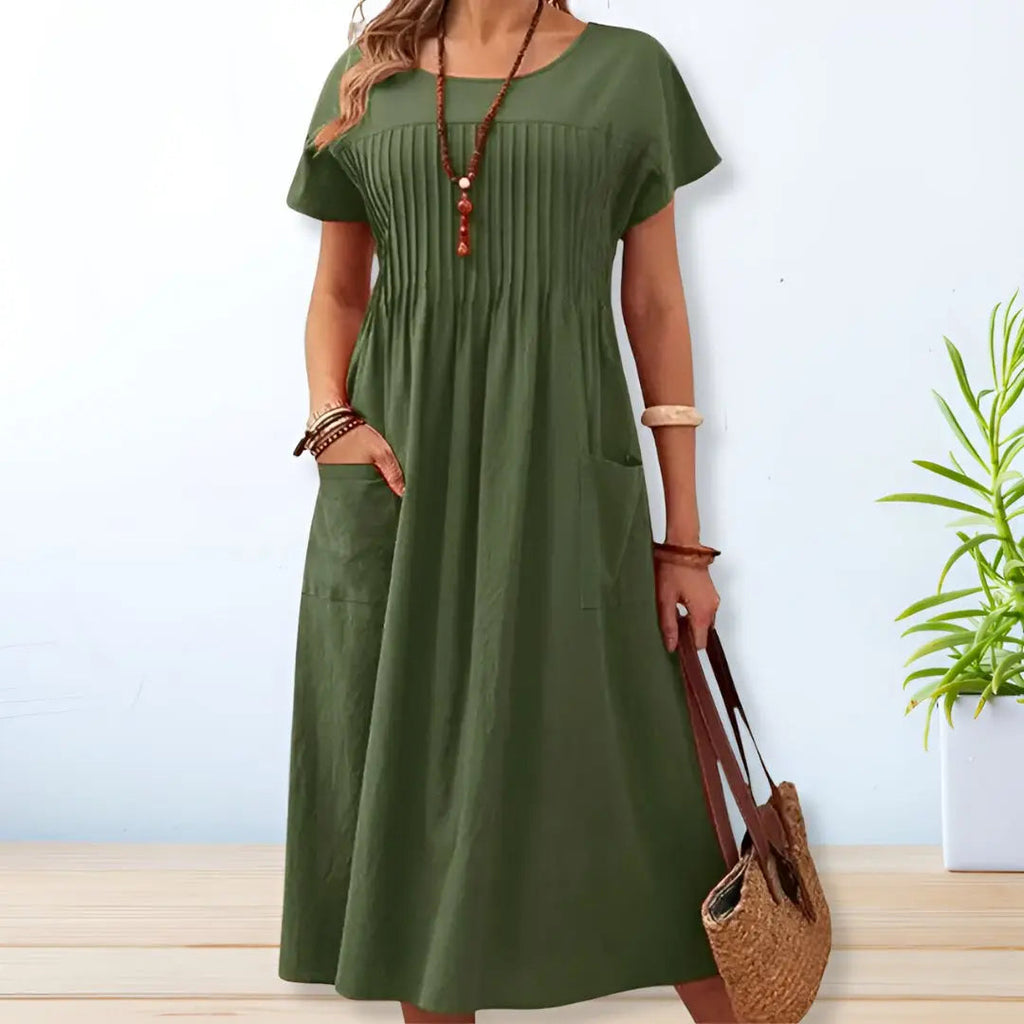 Damen Baumwollkleid Grün Plissee – Relaxed Fit Freizeitkleid, Produktansicht | Lavinise
