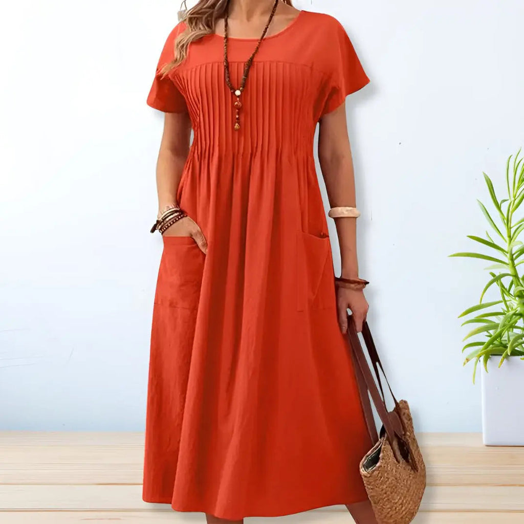 Damen Baumwollkleid Orange Plissee – Relaxed Fit Freizeitkleid, Produktansicht | Lavinise