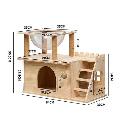 Katzenkletterturm aus Naturkiefer mit transparentem Napf