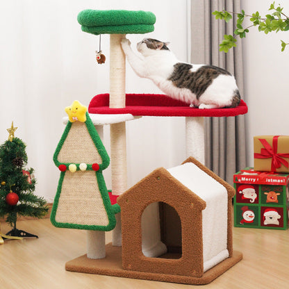 Weihnachtlicher Kratzbaum mit gemütlichem Häuschen für Katzen