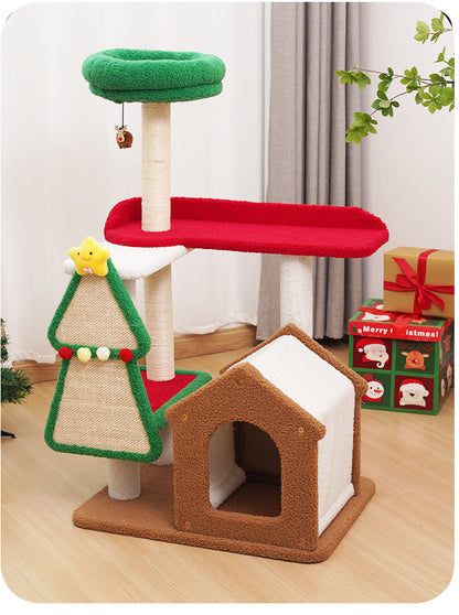 Weihnachtlicher Kratzbaum mit gemütlichem Häuschen für Katzen