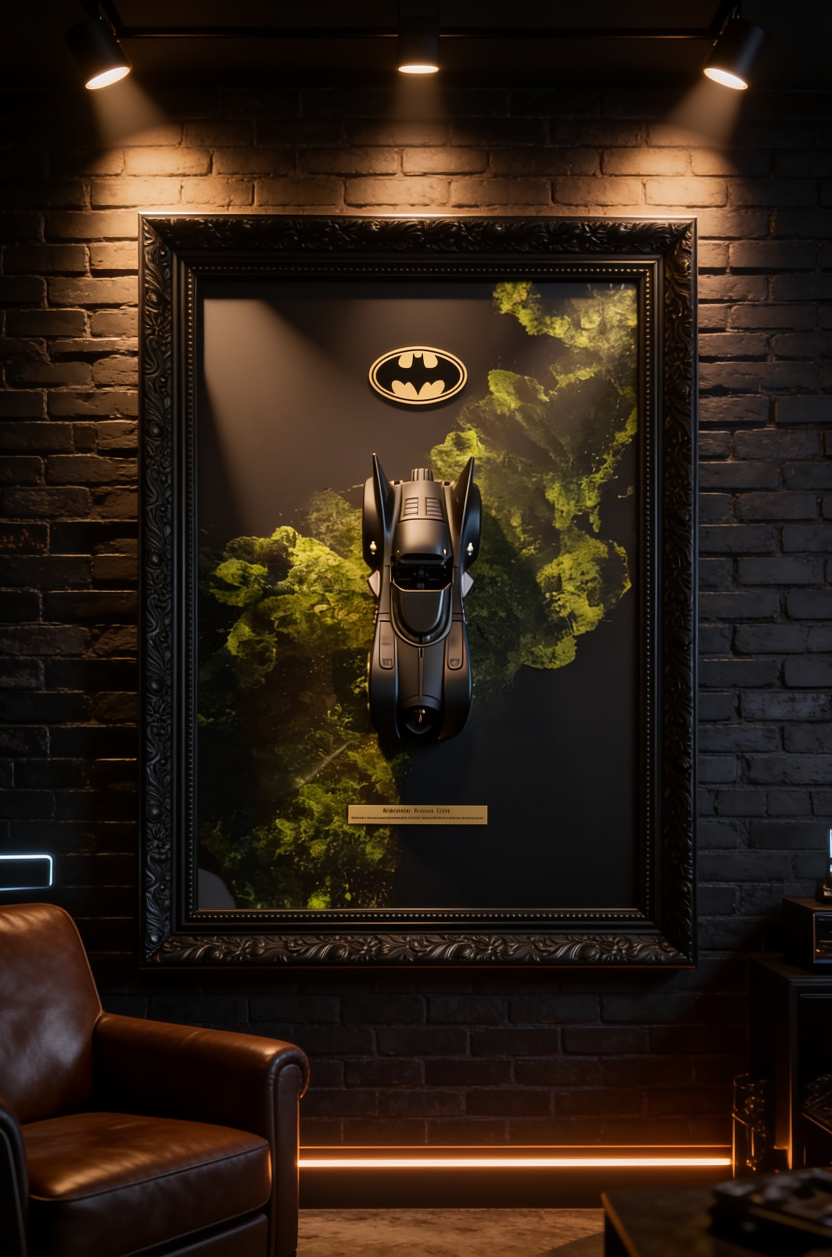 Batmobile 1989 3D Wandbild in einer dunklen Man Cave an der Wand