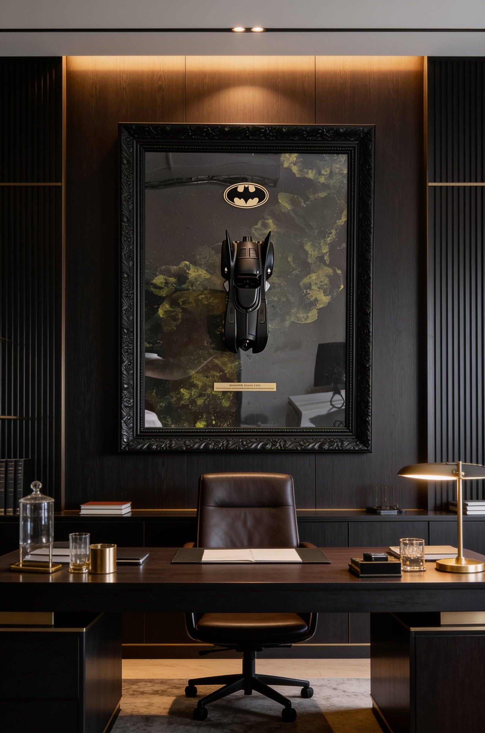 Batmobile 1989 3D Wandbild in einem eleganten Arbeitszimmer an der Wand