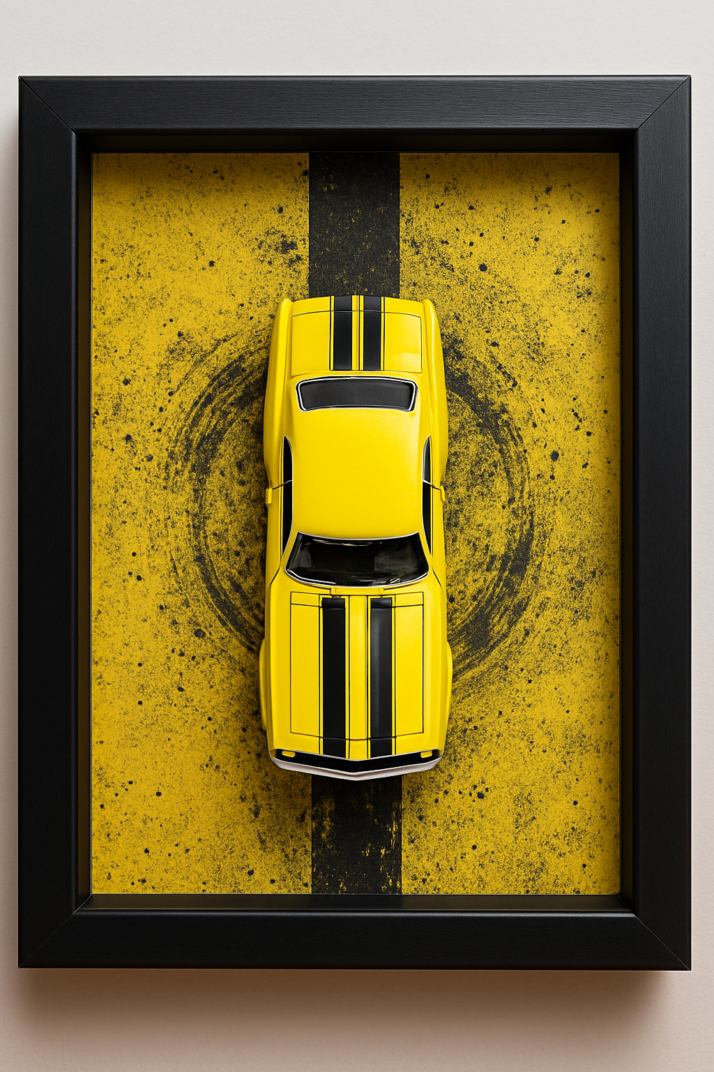 3D WANDBILD – YELLOW MUSCLE CAR EDITION (1:43) – HANDGEFERTIGTES KUNSTWERK – GRÖSSE 25x25 CM
