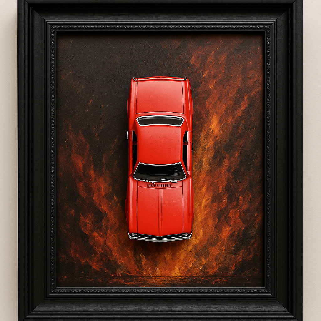 3D WANDBILD – RED CLASSIC MUSCLE CAR EDITION (1:43) – HANDGEFERTIGTES KUNSTWERK – GRÖSSE 25x25 CM