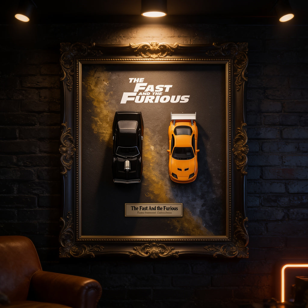 Fast and Furious 3D Wandbild in einer dunklen Man Cave an der Wand