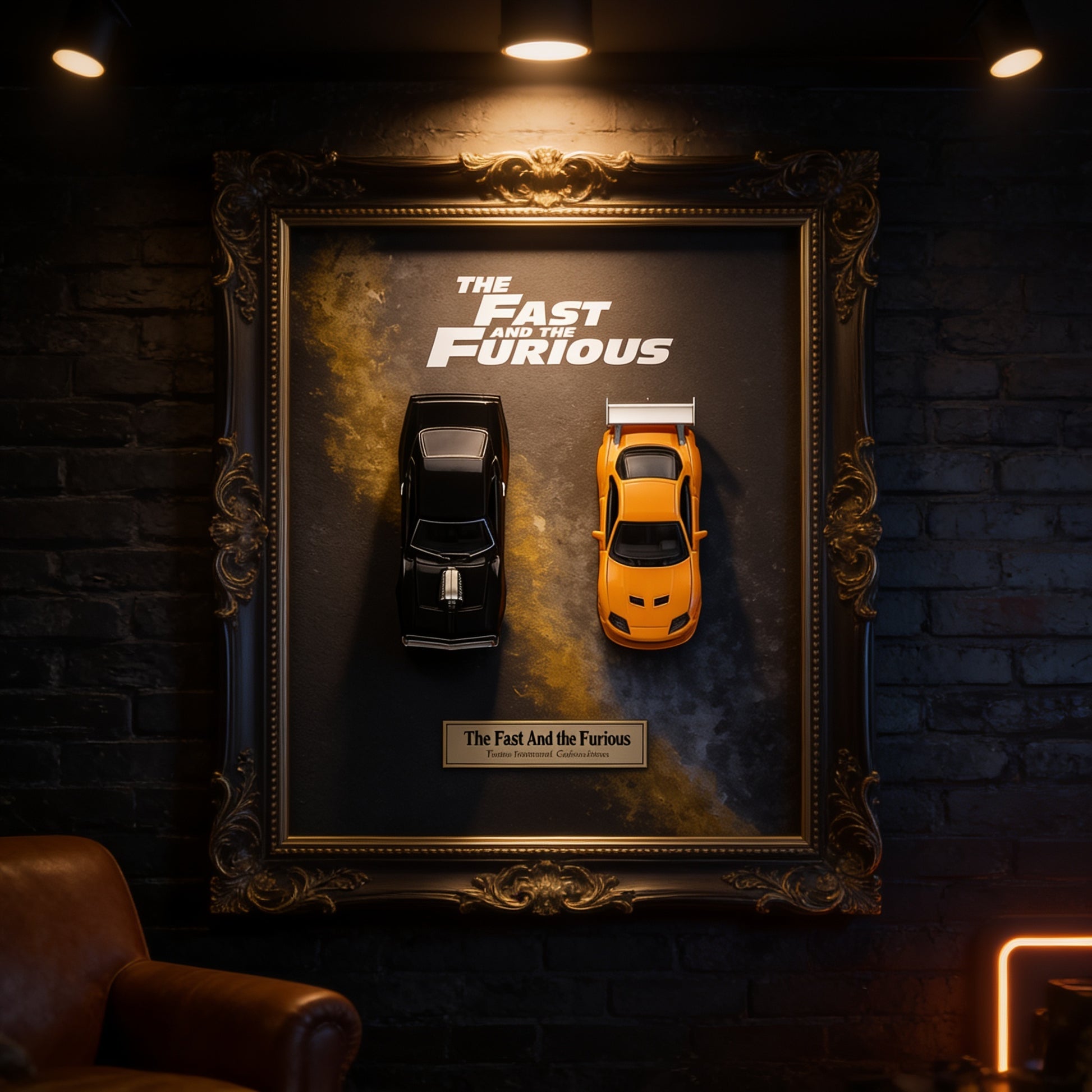 Fast and Furious 3D Wandbild in einer dunklen Man Cave an der Wand
