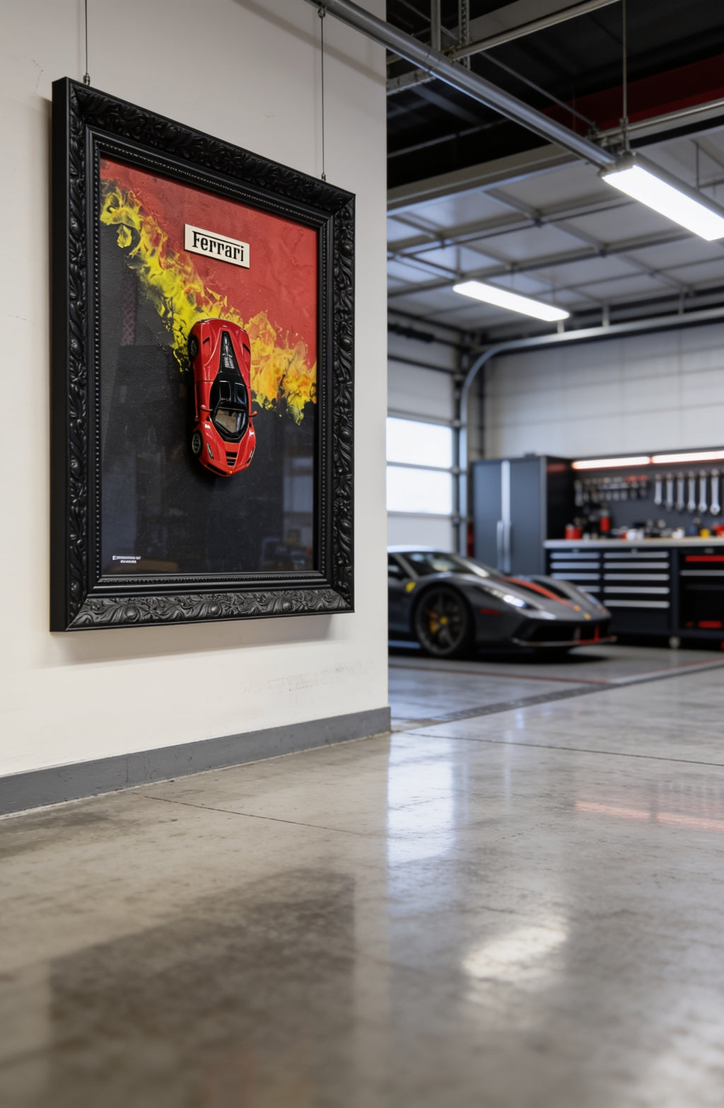 Ferrari Feuer-Optik 3D Wandbild in einer Luxusgarage an der Wand