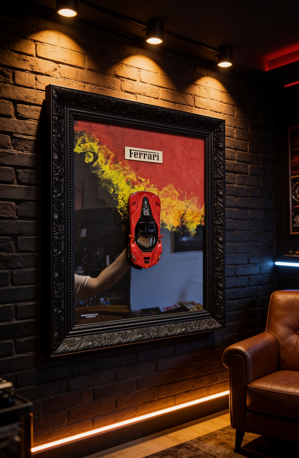 Ferrari Feuer-Optik 3D Wandbild in einer dunklen Man Cave an der Wand