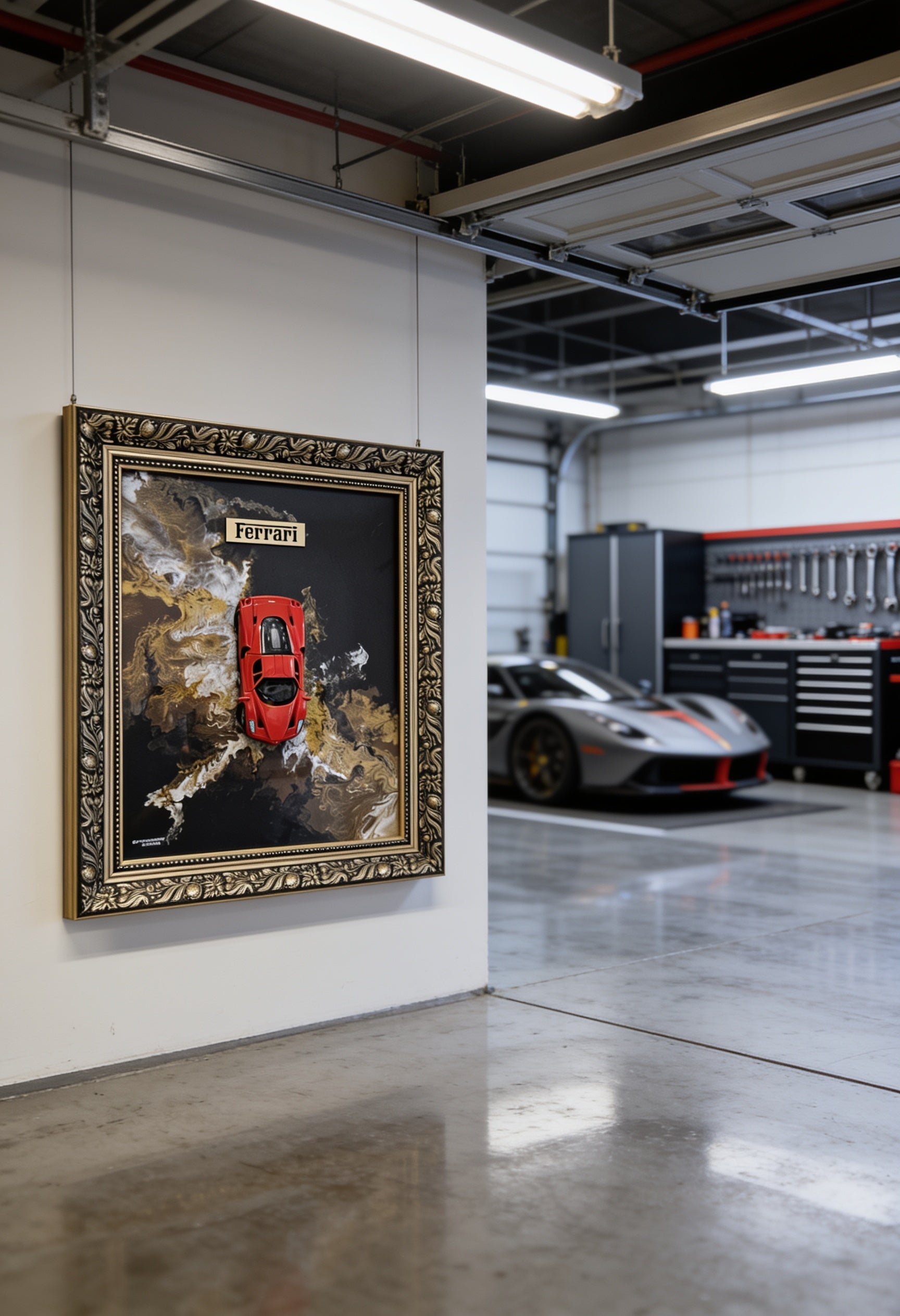Ferrari Gold-Rauch 3D Wandbild in einer Luxusgarage an der Wand