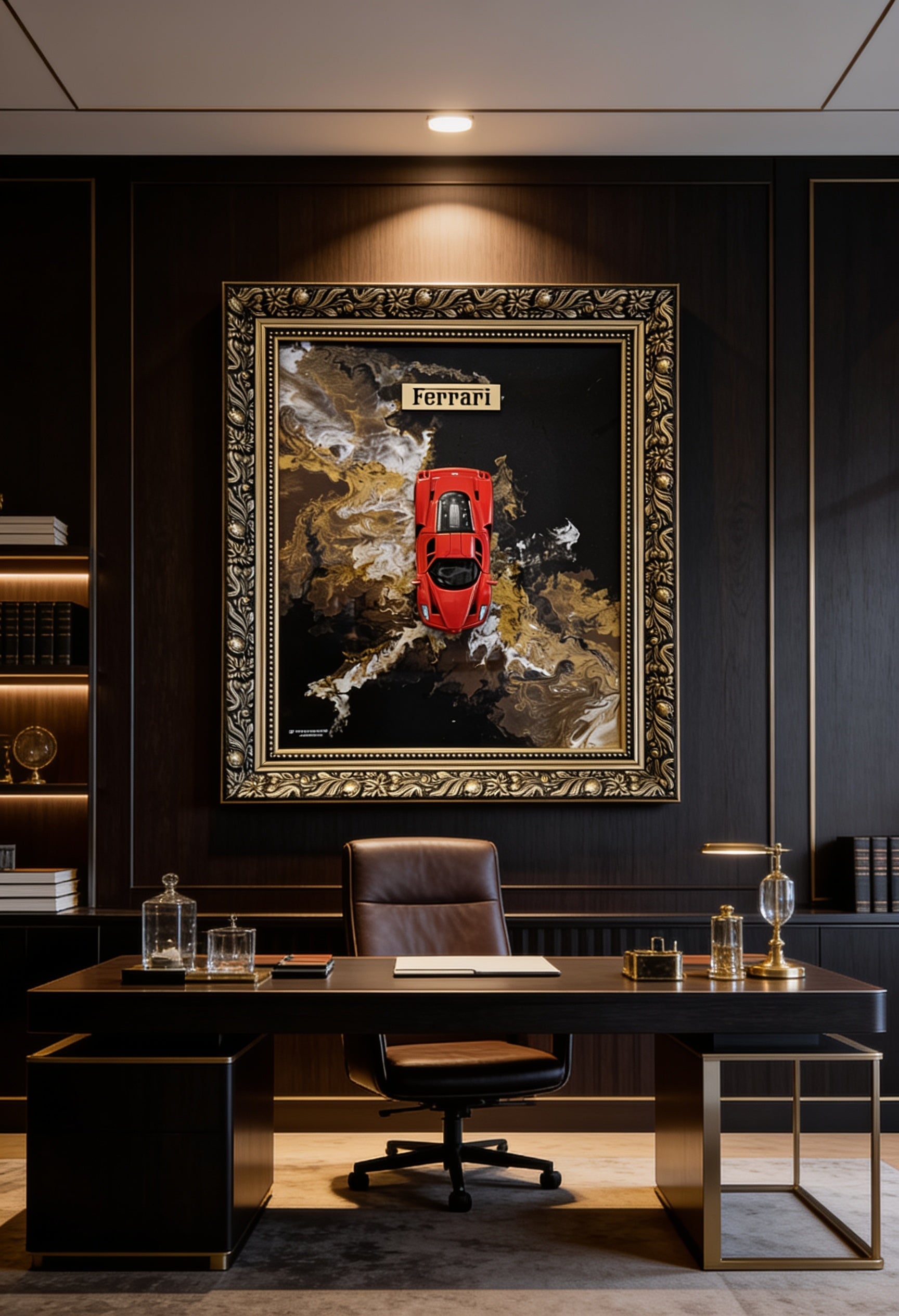 Ferrari Gold-Rauch 3D Wandbild in einem eleganten Arbeitszimmer an der Wand