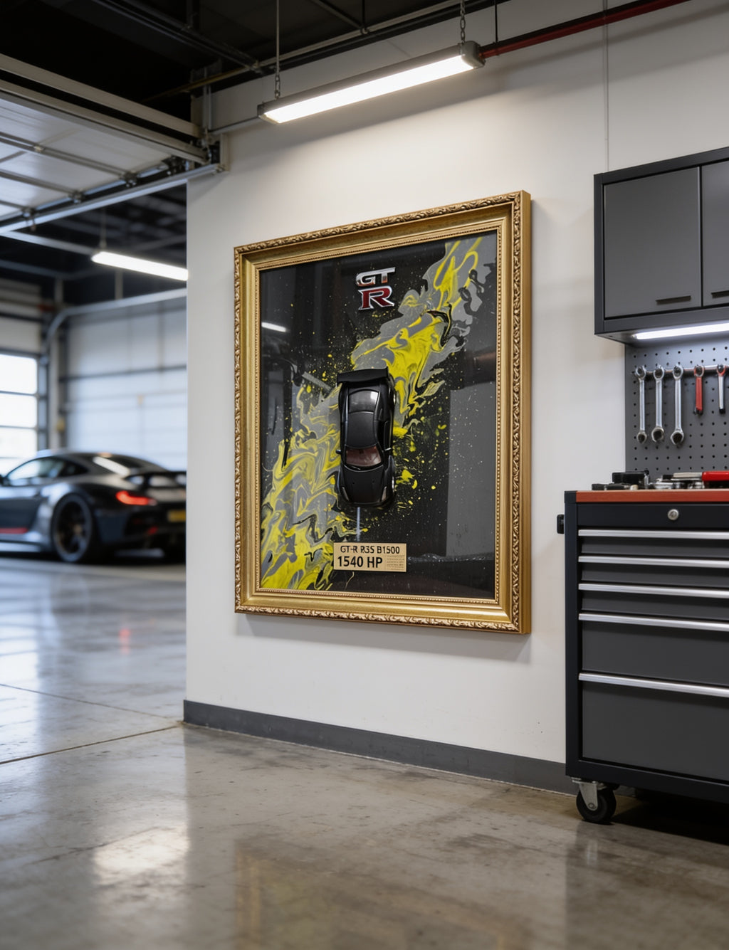 Nissan GT-R R35 3D Wandbild in einer Luxusgarage an der Wand