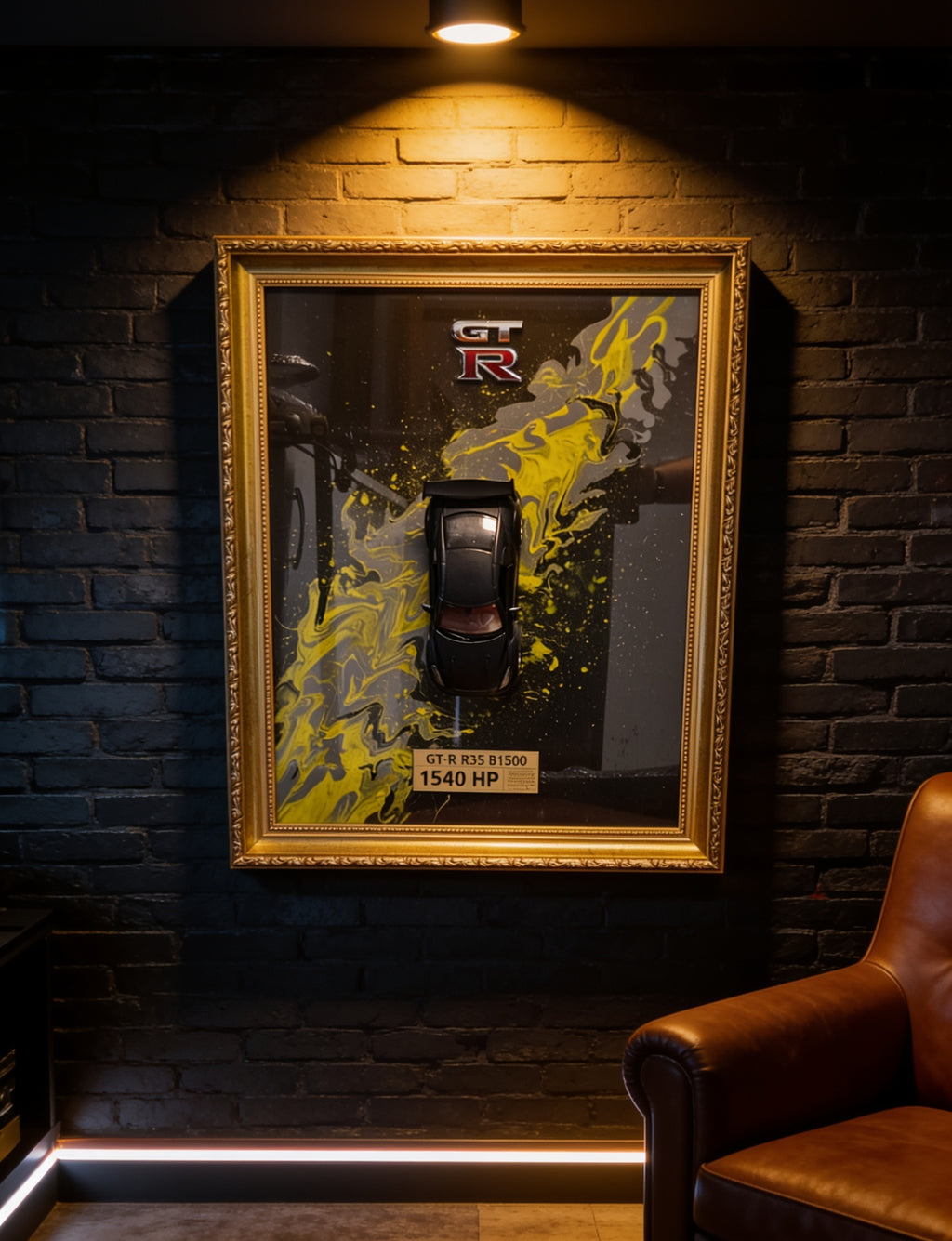 Nissan GT-R R35 3D Wandbild in einer dunklen Man Cave an der Wand