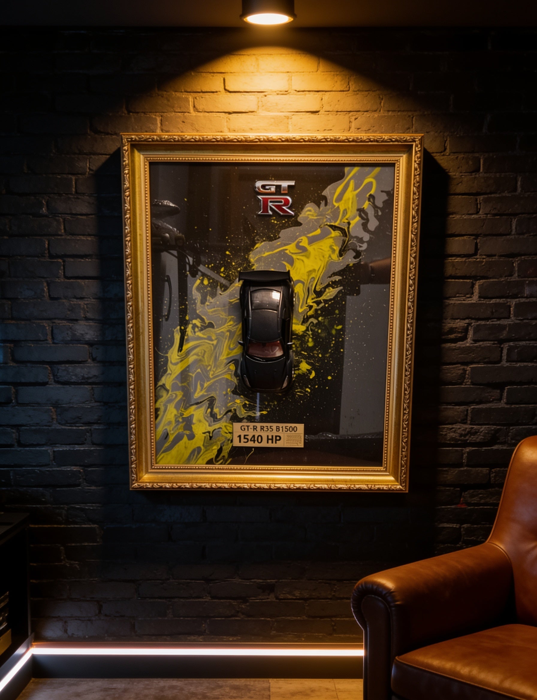 Nissan GT-R R35 3D Wandbild in einer dunklen Man Cave an der Wand