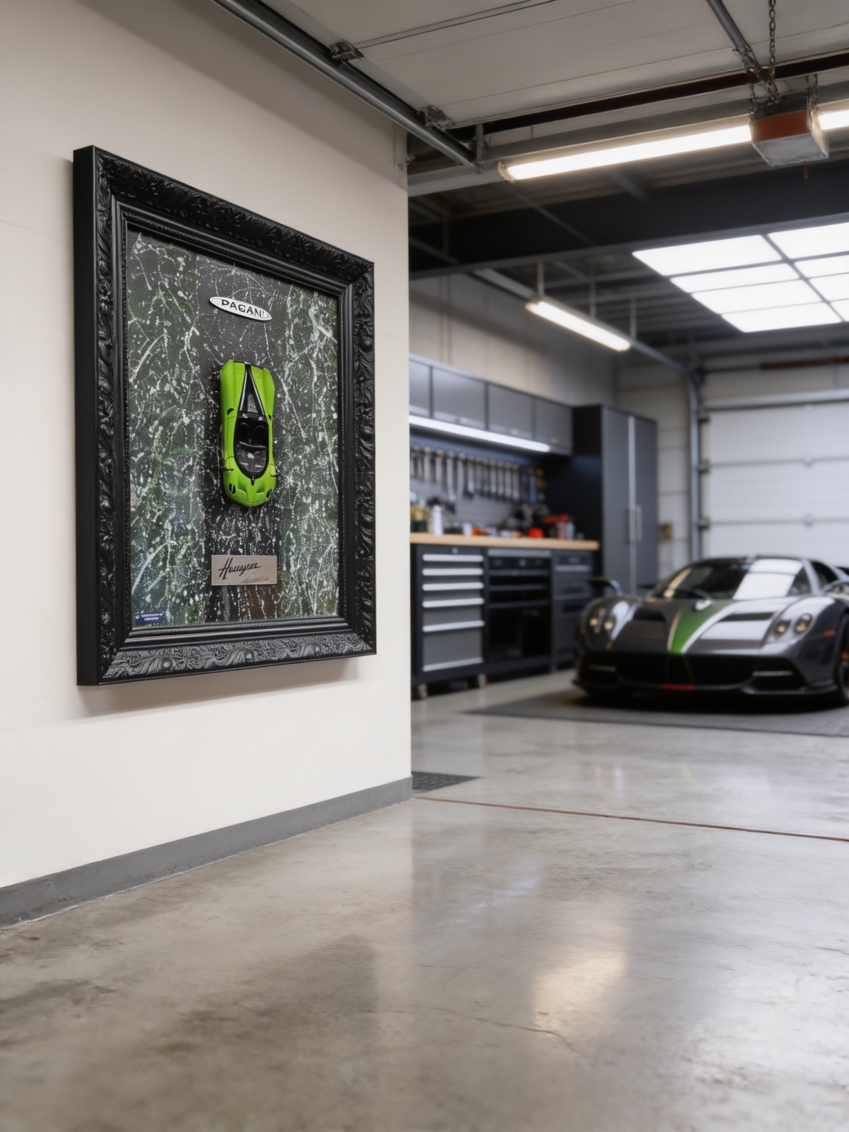 Pagani Huayra 3D Wandbild in einer Luxusgarage an der Wand