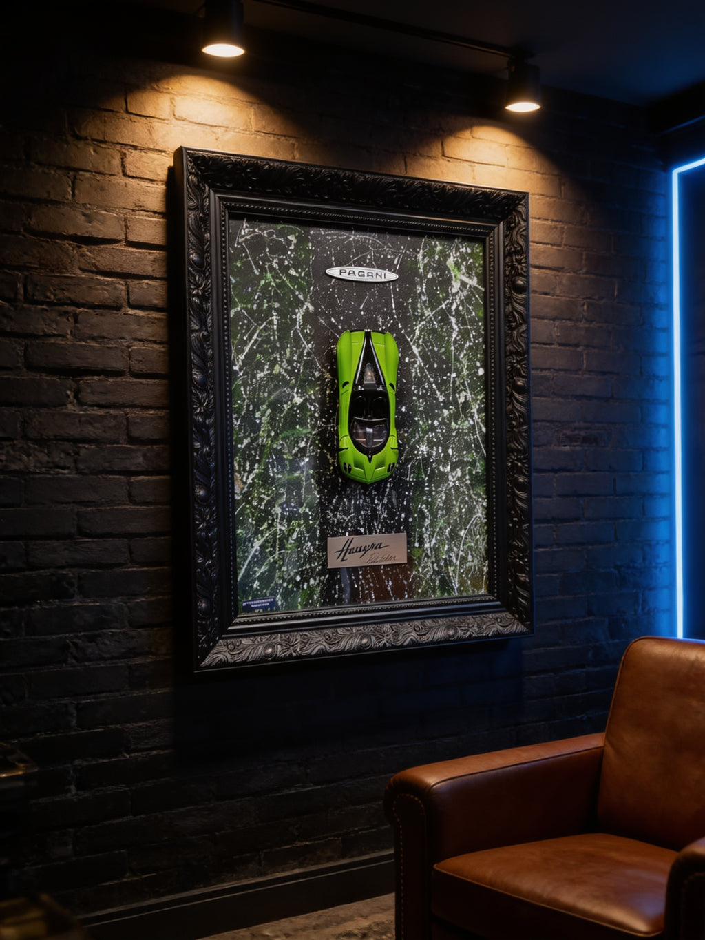 Pagani Huayra 3D Wandbild in einer dunklen Man Cave an der Wand