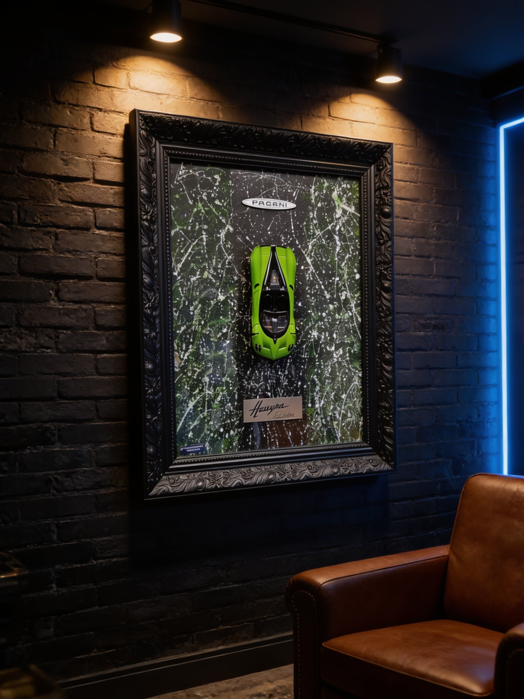 Pagani Huayra 3D Wandbild in einer dunklen Man Cave an der Wand