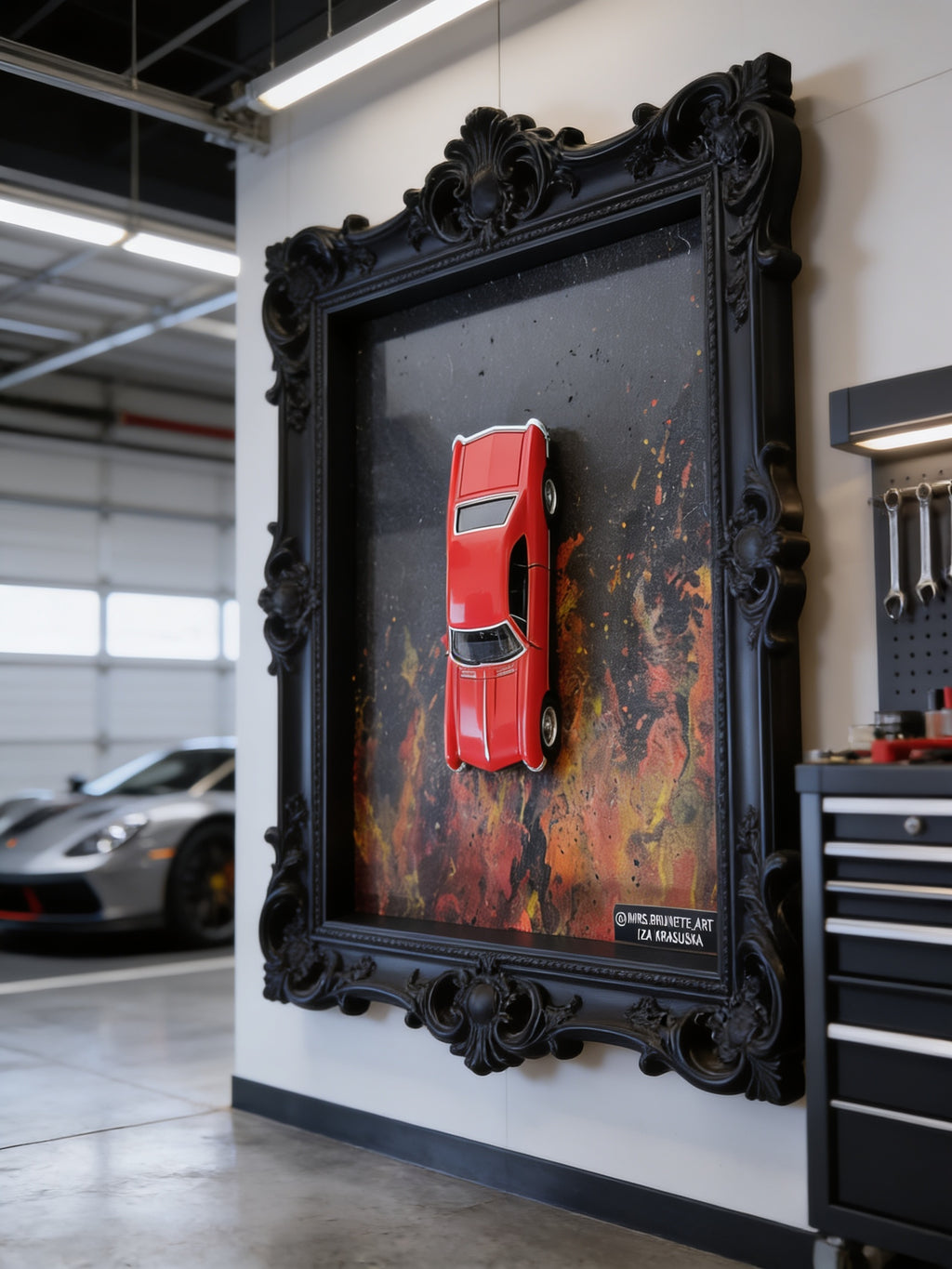 Red Classic Muscle Car 3D Wandbild in einer Luxusgarage an der Wand