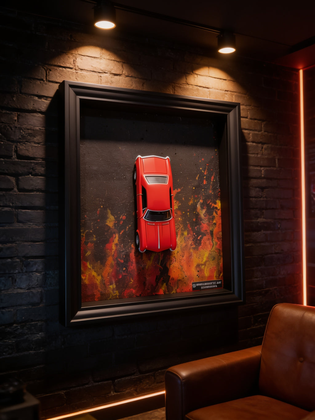 Red Classic Muscle Car 3D Wandbild in einer dunklen Man Cave an der Wand