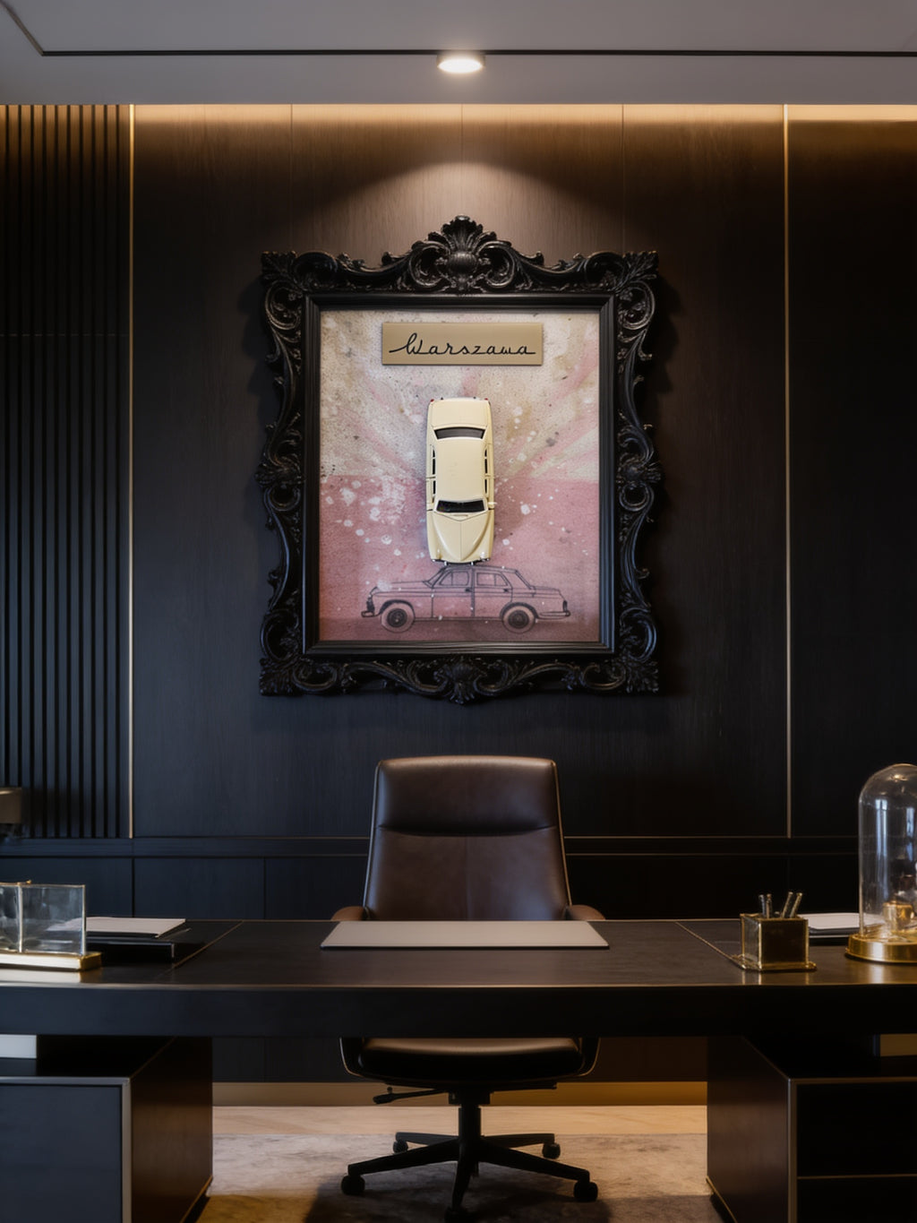 Vintage City 3D Wandbild in einem eleganten Arbeitszimmer an der Wand