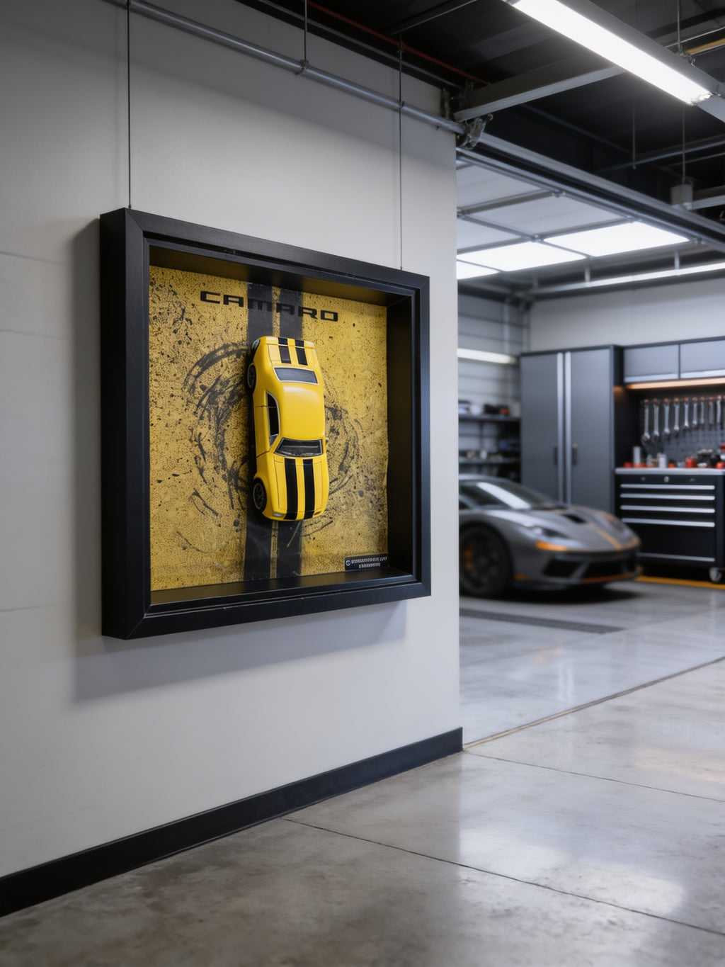 Yellow Muscle Car 3D Wandbild in einer Luxusgarage an der Wand