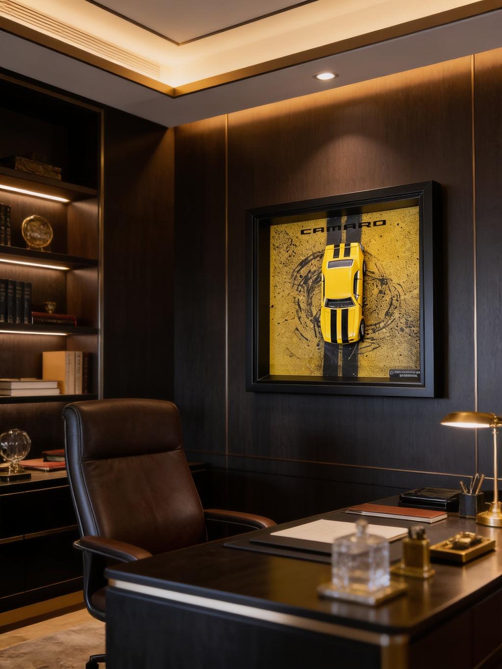 Yellow Muscle Car 3D Wandbild in einem eleganten Arbeitszimmer an der Wand